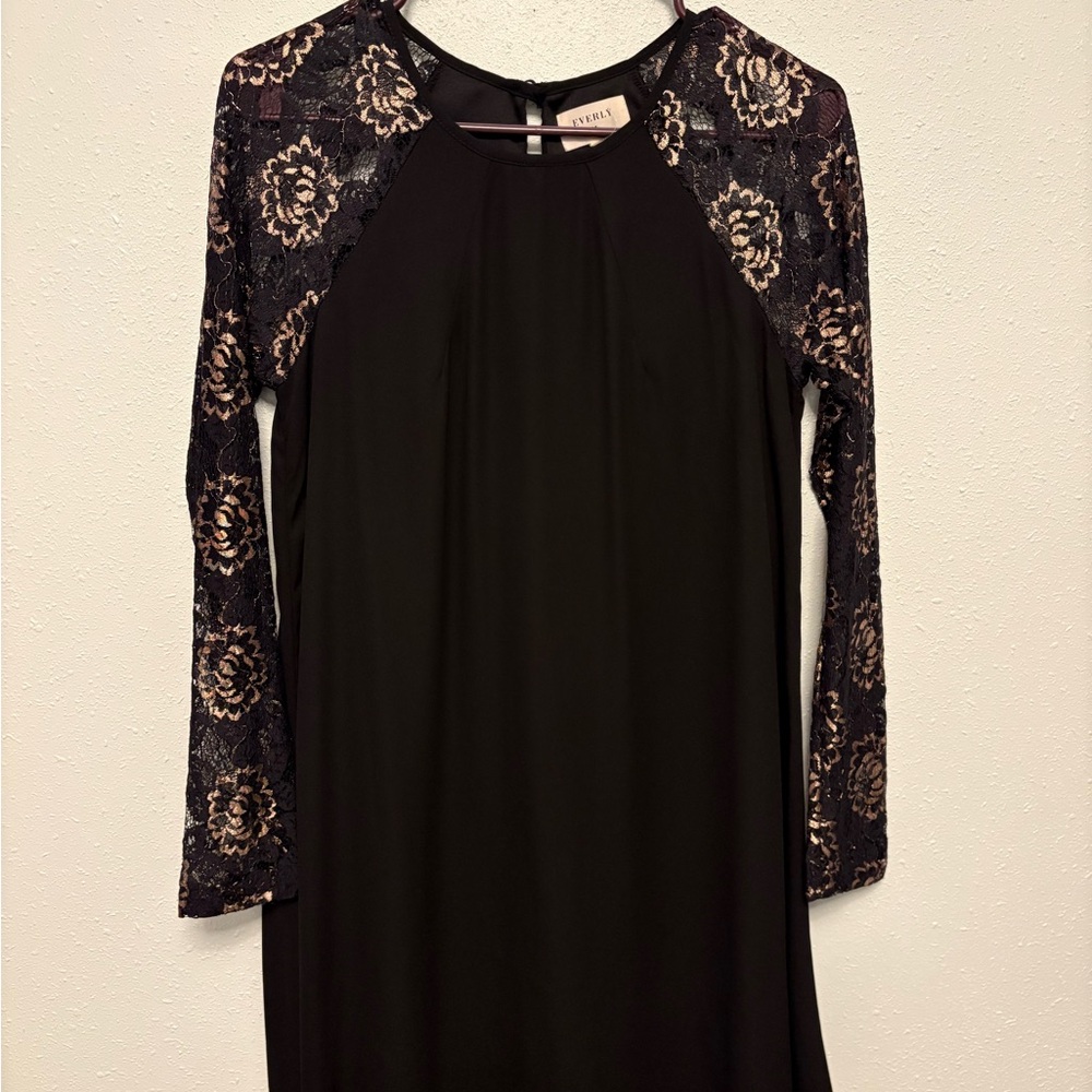 Everly Black Dress with Navy and Gold Lace Sleeves